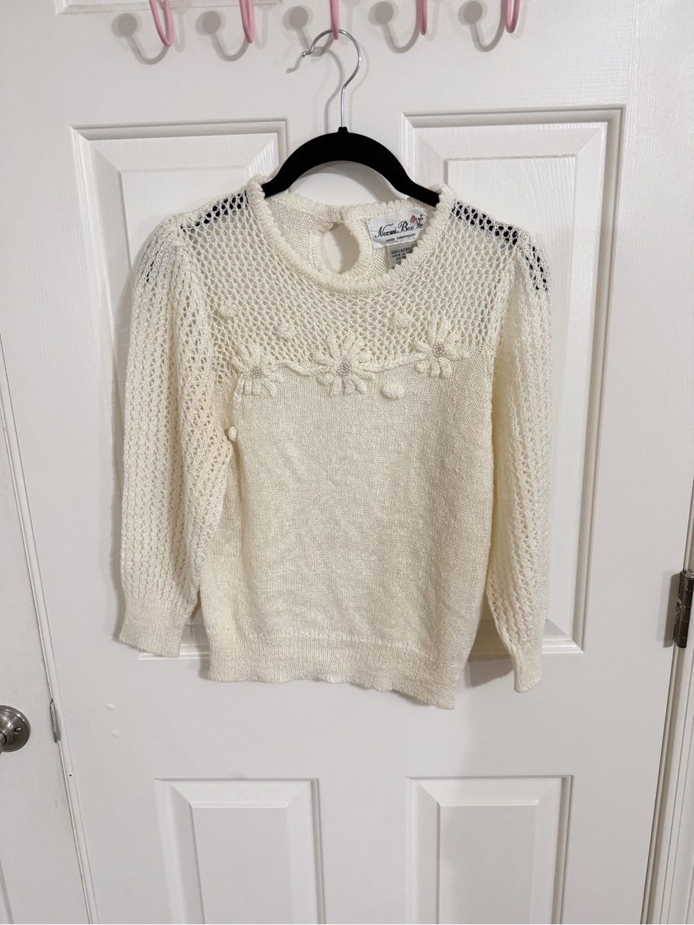Vintage Naomi Bee Ivory Hand Embroidered Floral Crochet Sweater S Cottagecore